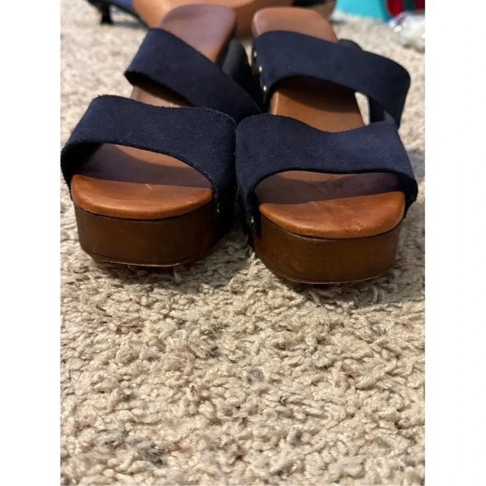 Navy Blue Suede Wooden Platform Slide Sandals Studded Block Heel Retro 70s Style
